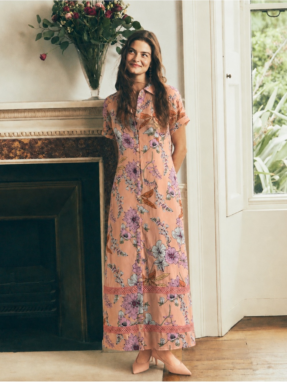 Revolve Azulu | Peach Floral Maxi Vestido Patty Shirt Dress Brand New ~ US 8